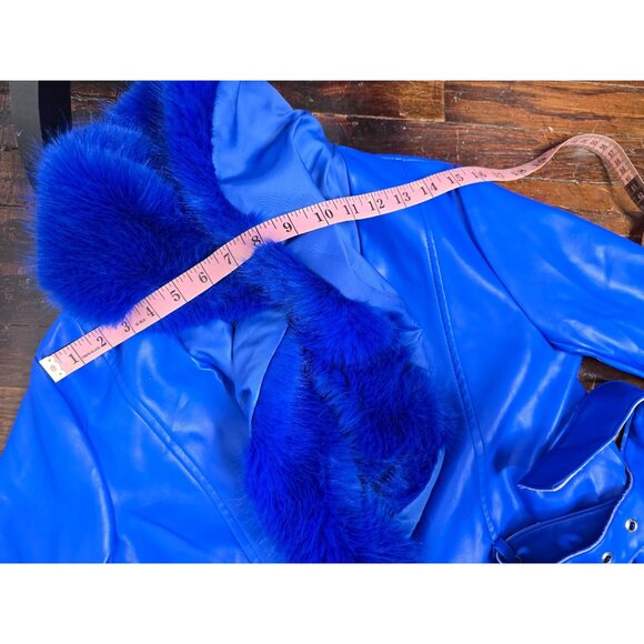Y2K Does 70s Bright Blue Faux Leather Penny Lane Coat Belted - Picture 7 of 16